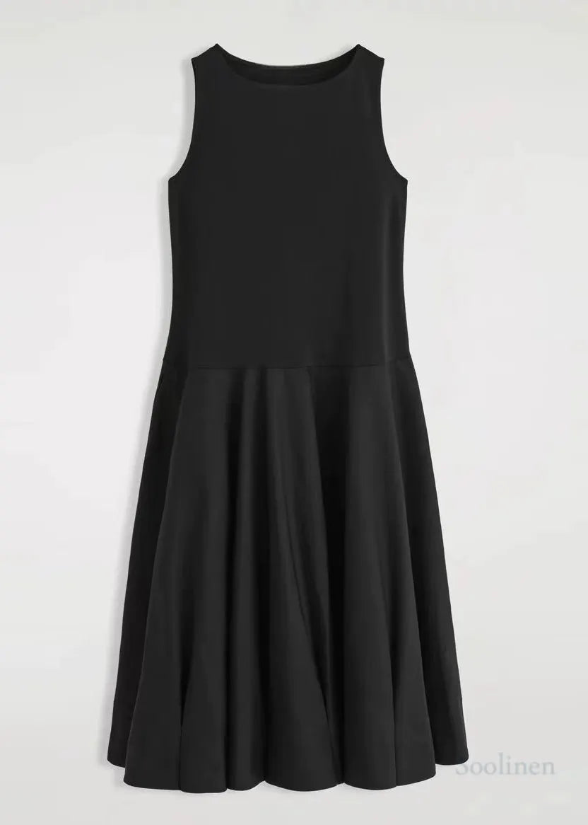 French Black Exra Large Hem Cotton Long Dress Sleeveless