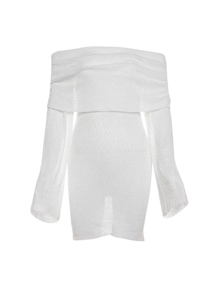 European and American Knitted Hollow Out Slash Neck Short Dress