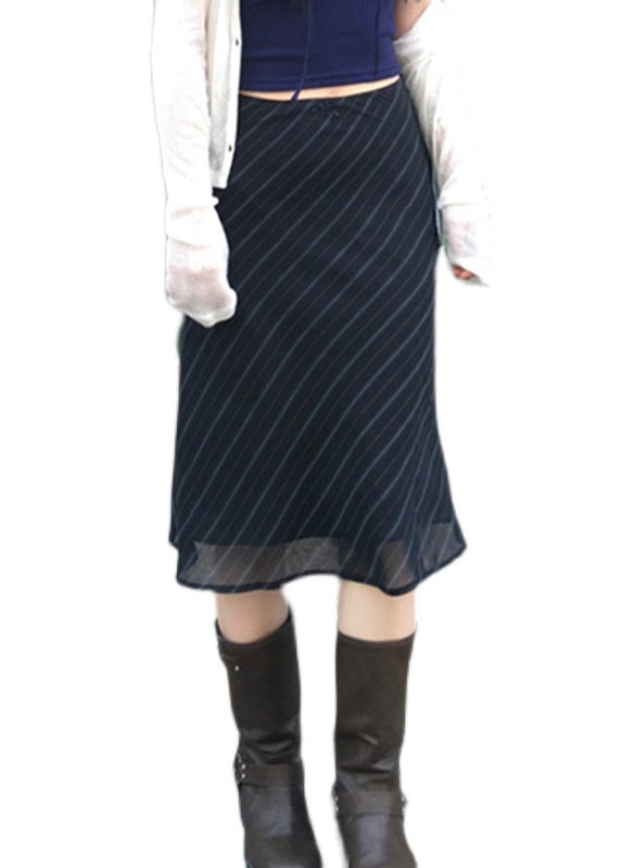 Navy Striped High Waist Patchwork Chiffon Skirt Summer