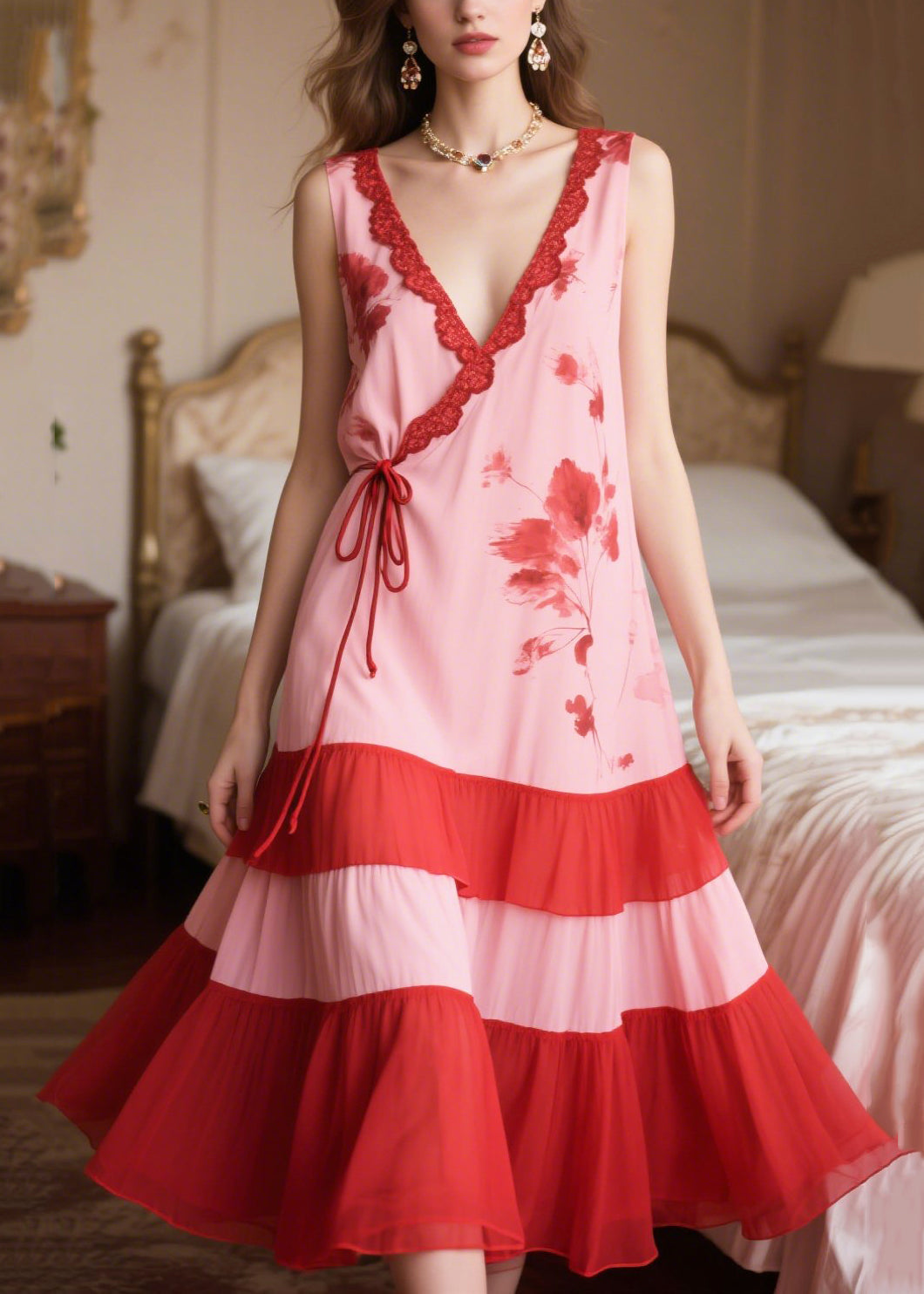 Pink Patchwork Tie Waist Chiffon Maxi Dresses Sleeveless