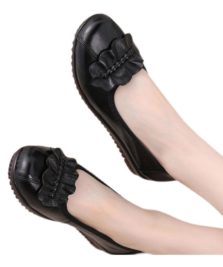 Black Genuine Leather Splicing Flat Feet Shoes