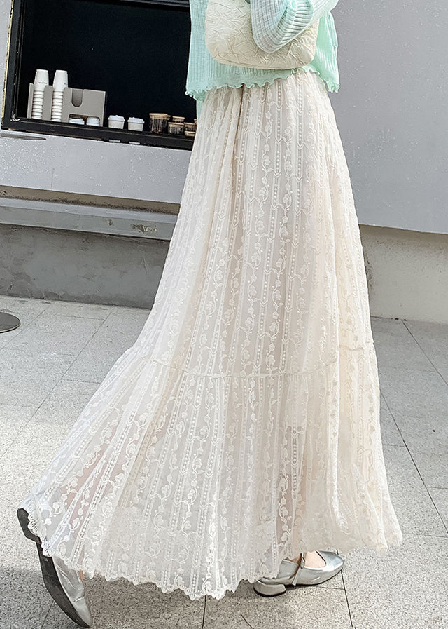 Loose Beige Elastic Waist Lace Skirts Fall