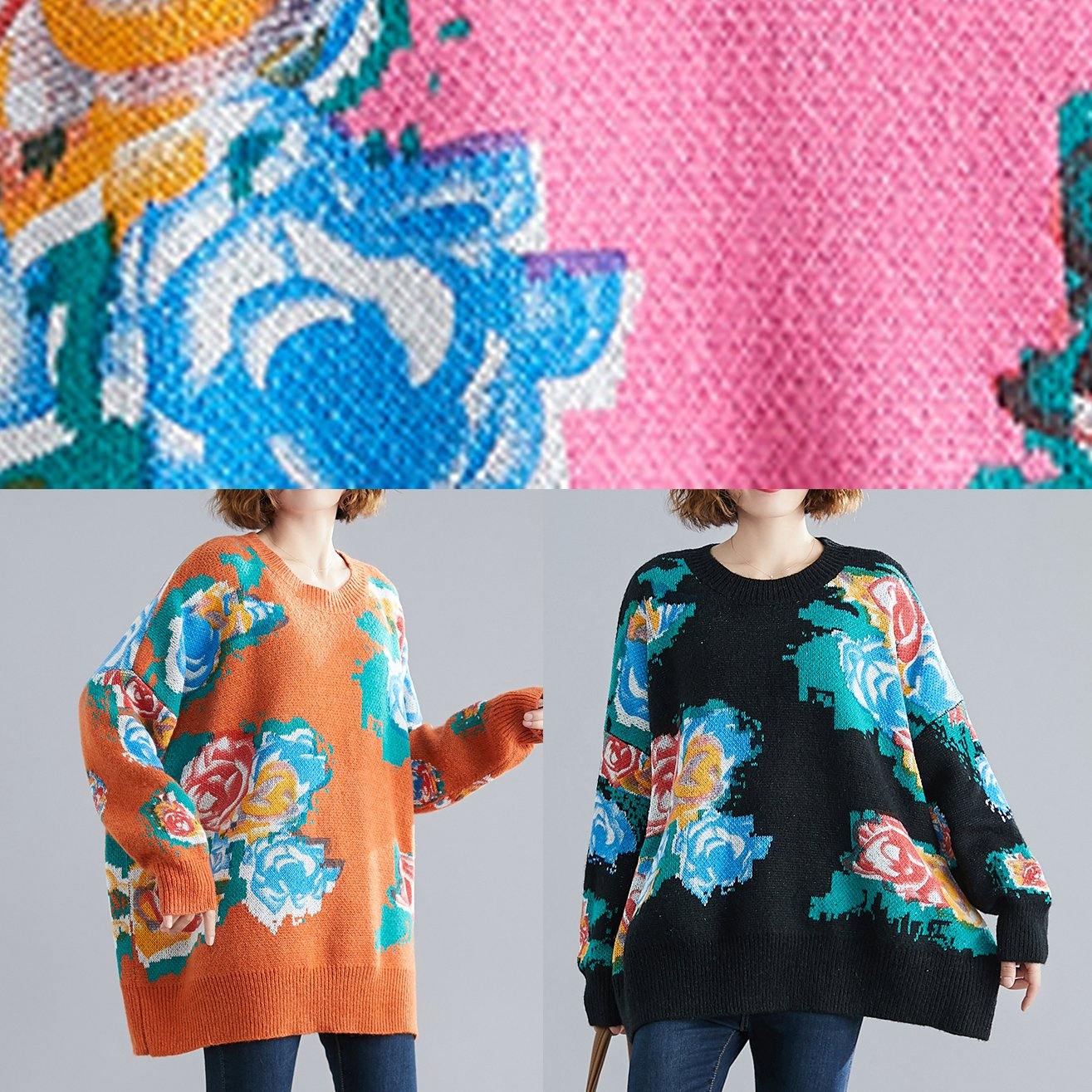 For Spring Pink Print Sweaters O Neck Knit Top Silhouette