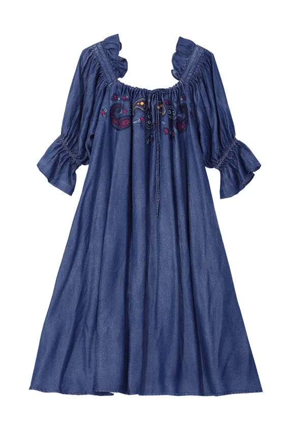 Simple Denim Blue Wrinkled Ruffled Embroideried Cotton Silk Dress Lantern Sleeve