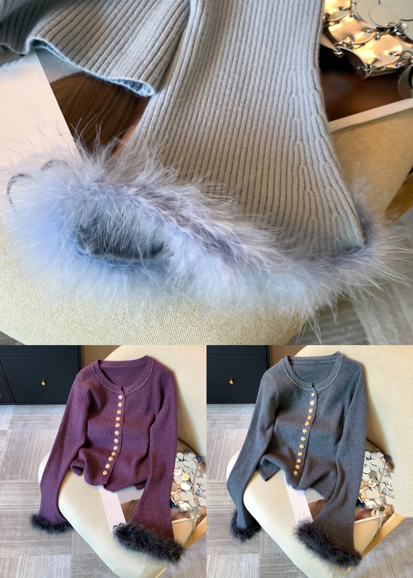 New Blue O Neck Button Cozy Patchwork Knit Sweater