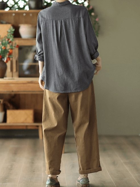 100% Natural Fabric Striped Long-sleeve Loose Shirt