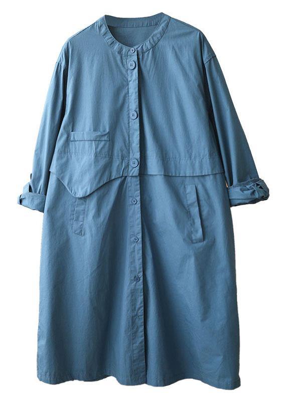 Blue Stand Collar Button Pockets Fall Cotton Coats Long Sleeve