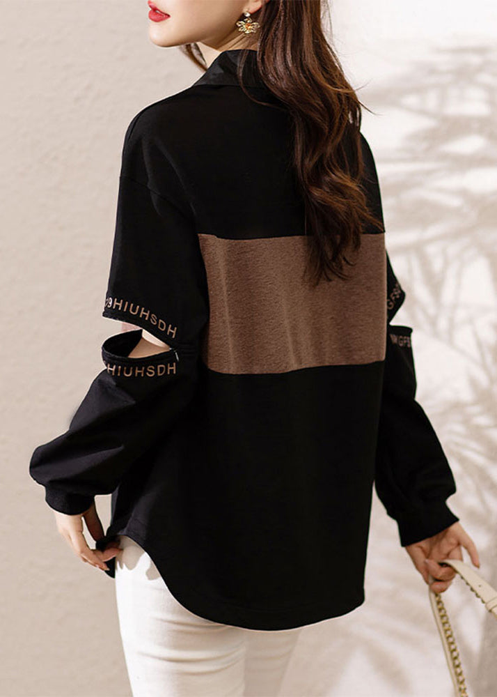Black Peter Pan Collar Print Patchwork Cotton Sweatshirts Fall