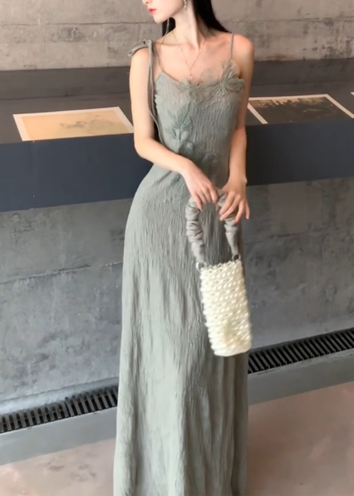 Grey Lace Patchwork Cotton Knit Cape and Long Dresses Two Piece Set Batwing Sleeve