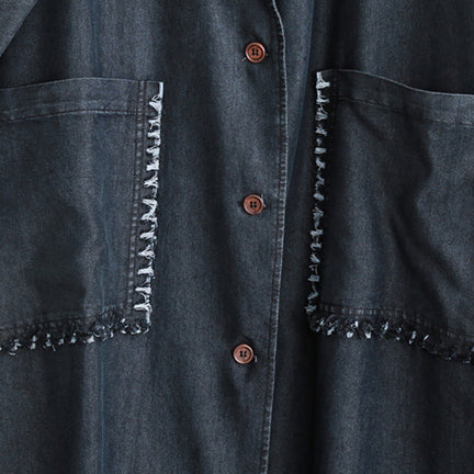 Black Winter Coat Oversized Notched Pockets Long Sleeve Denim Patchwork Long Coats