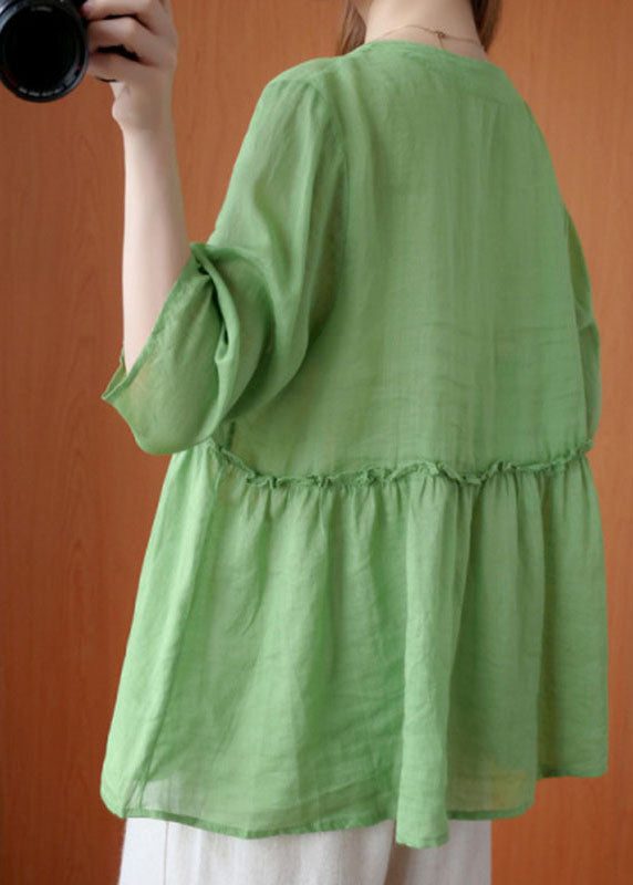 French Green V Neck Ruffled Asymmetrical Design Fall Half Sleeve Shirt