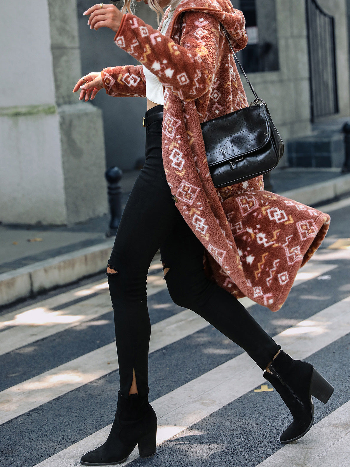 Coats Geometric Print Single Breasted Hood Plush Coats