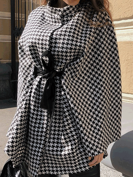 Coats Loose Houndstooth Lace-up Cape Wool Coat