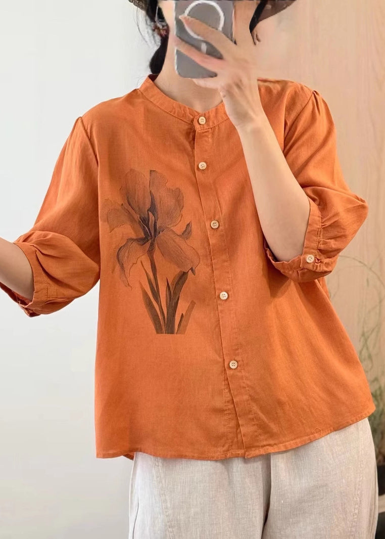 Orange Button Print Linen Blouses Half Sleeve