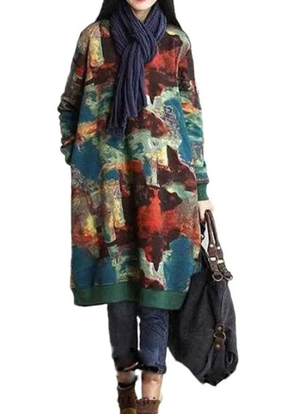French Green O-neck Print Warm Fleece Sweatshirts Dress Winter