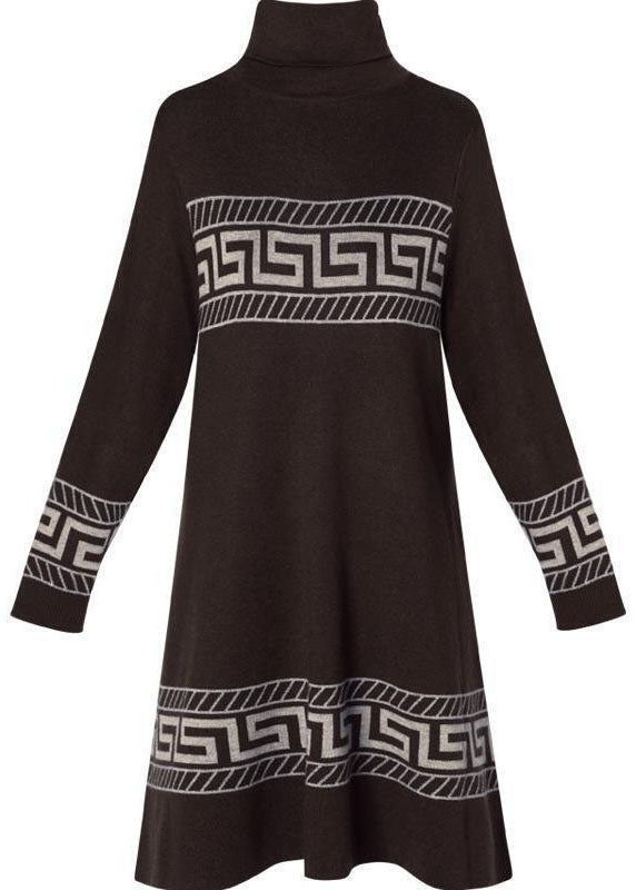 Coffee Print Long a Line Dress Turtle Neck Long Sleeve