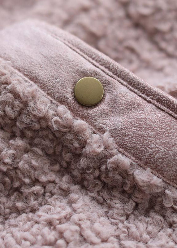 Pink Pockets Button Fall Winter Thick Coats Faux Fur