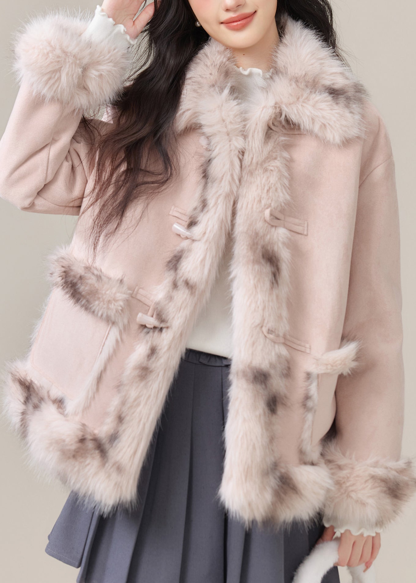 Pink Fur Collar Pockets Patchwork Warm Fleece Faux Suede Coats Winter