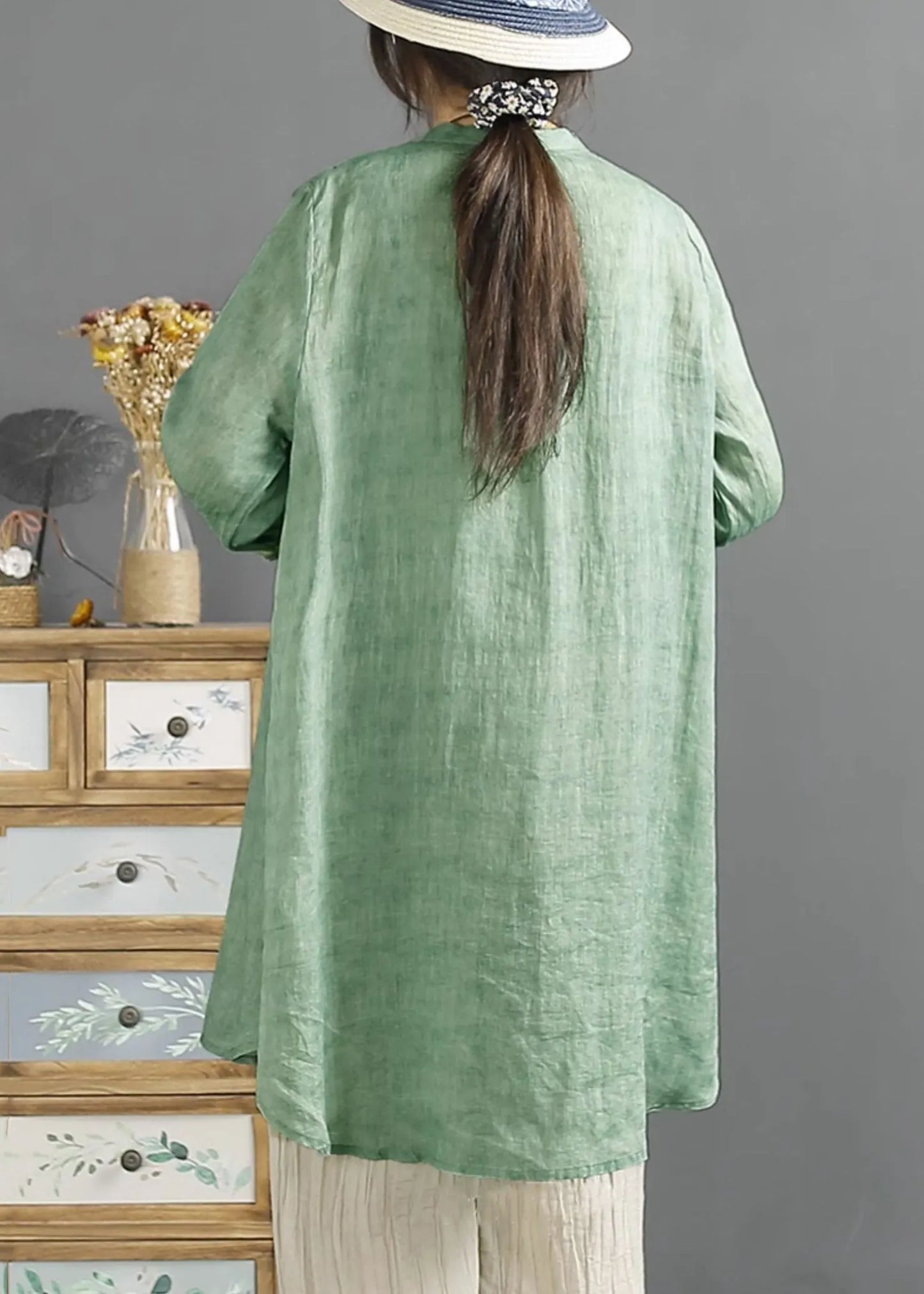 Loose Green Embroidered Button Cotton Shirt Summer