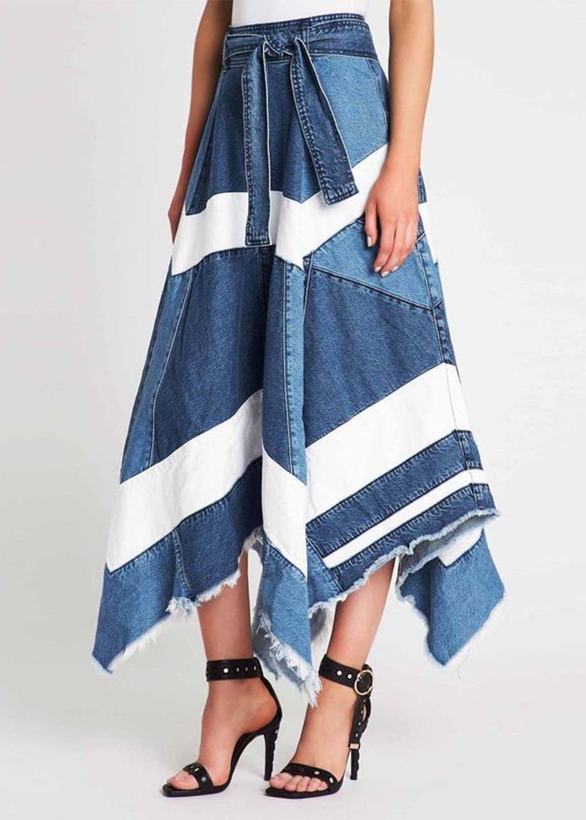 Blue Asymmetrical Patchwork Denim a Line Skirts Summer