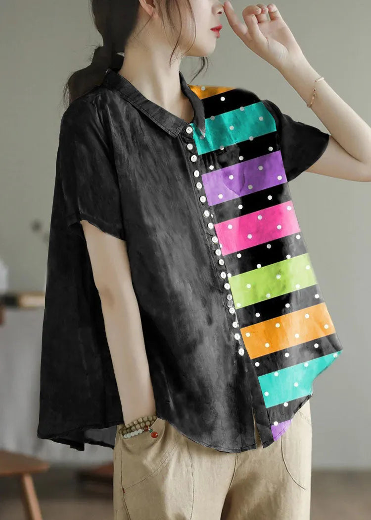 Peter Pan Collar Print Button Low High Design Linen Shirts Short Sleeve