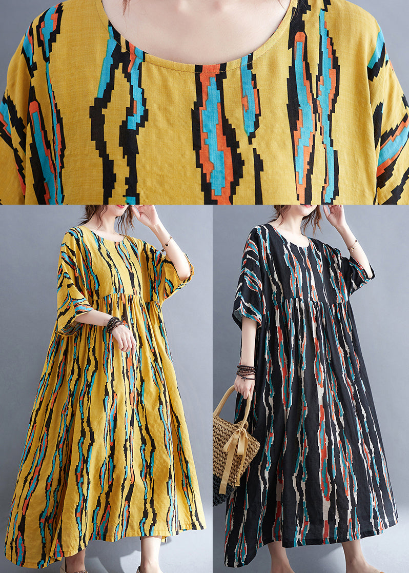 Black O-neck Print Long Dresses Half Sleeve