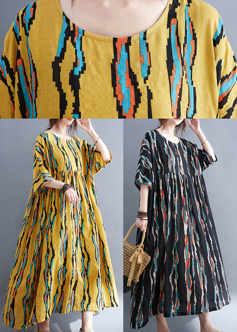 Black O-neck Print Long Dresses Half Sleeve