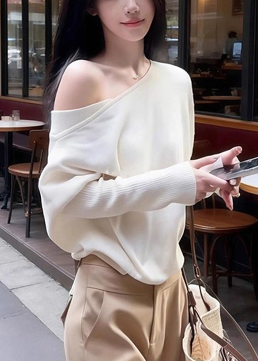 New White Asymmetrical Shoulder Knit Sweaters Batwing Sleeve