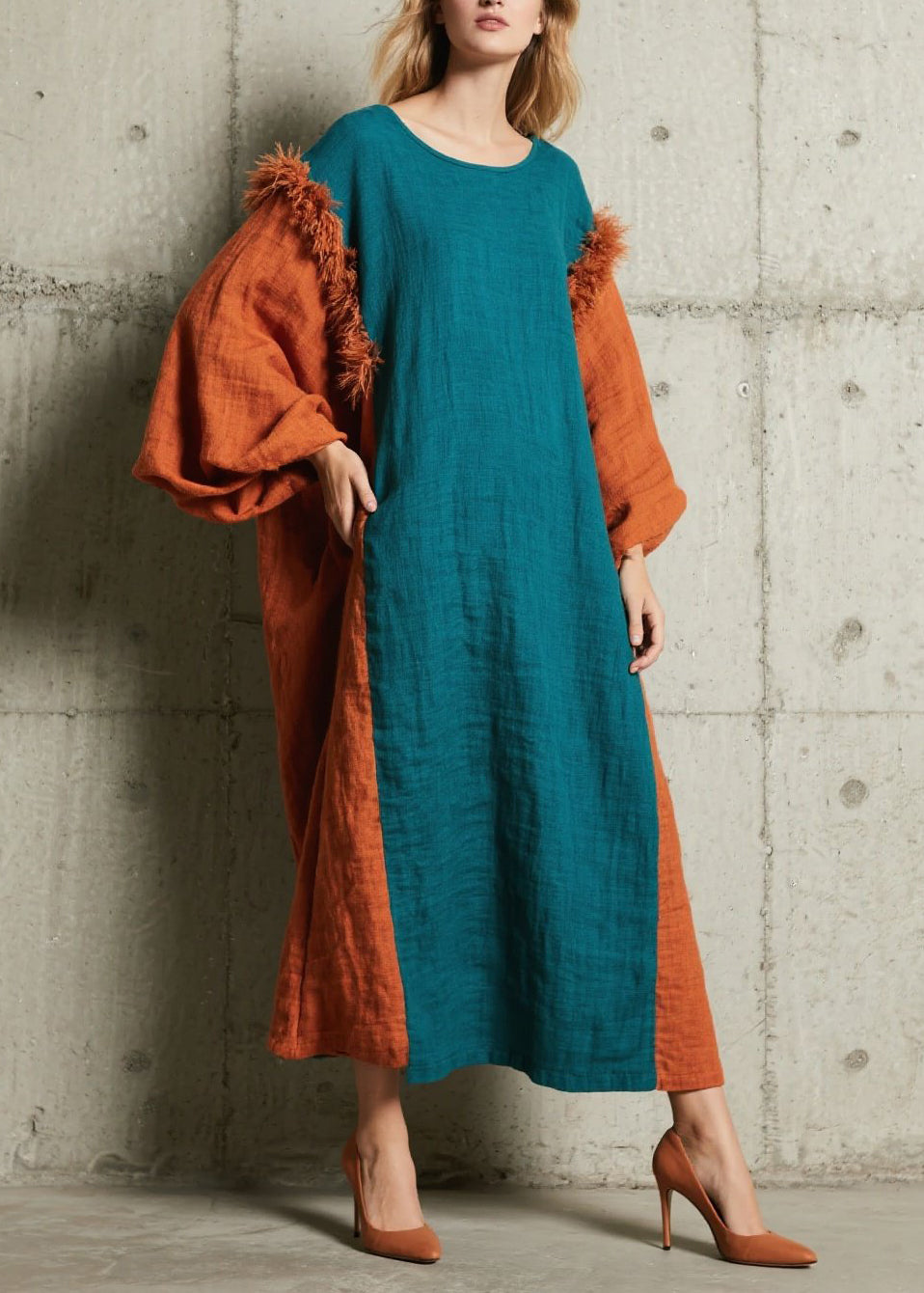 Peacock Blue Oversized Patchwork Faux Fur Holiday Dresses Fall