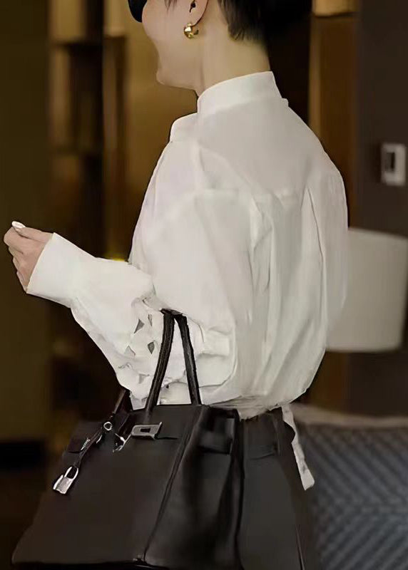 White Stand Collar Hollow Out Cotton Shirt Tops Fall