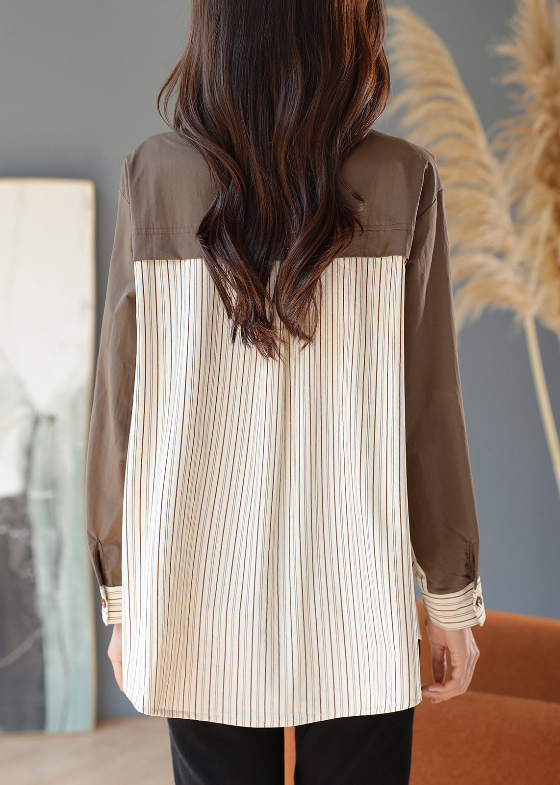 Khaki Striped Patchwork Cotton Fake Two Piece Shirt Top Spring