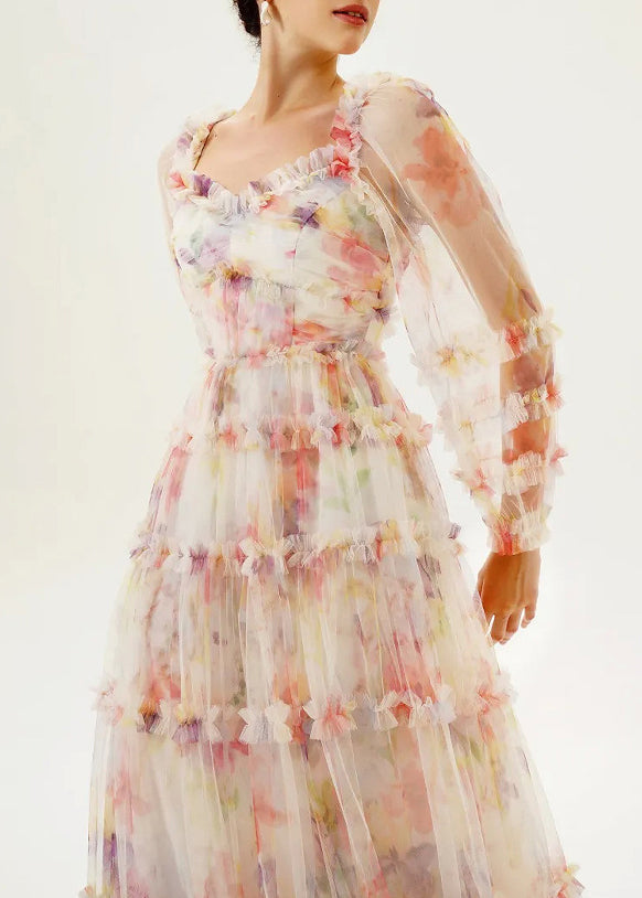 U Neck Ruffled Patchwork Tulle Long Dress Summer
