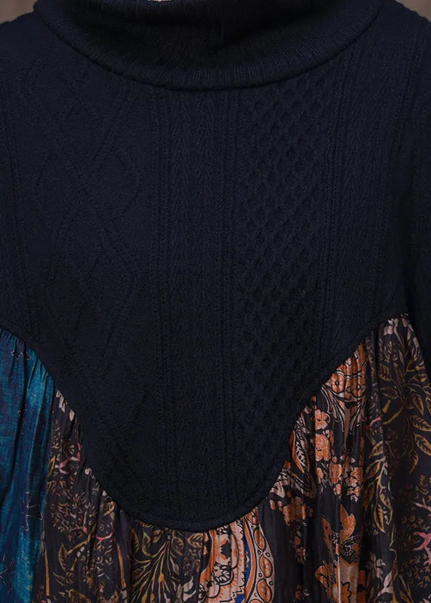 Blue Patchwork Coffee Turtleneck Print Silk Maxi Dress Long Sleeve