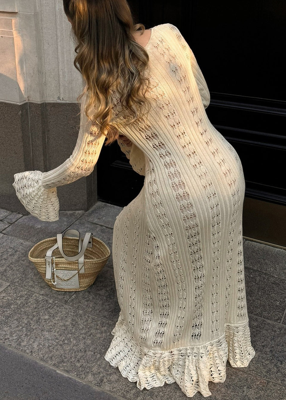 Apricot V Neck Hollow Out Knit Cardigans Flare Sleeve