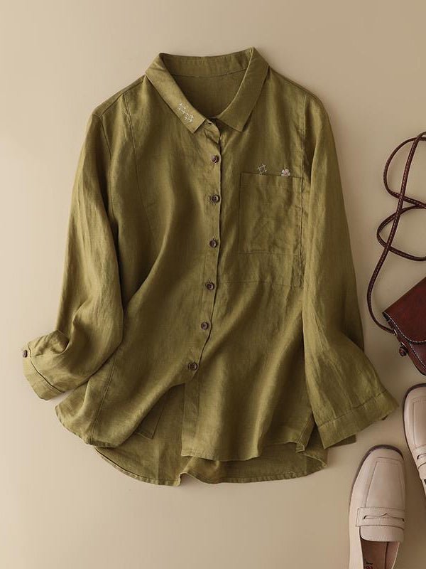 100% Linen Print Lapel Shirt in One-size in Color