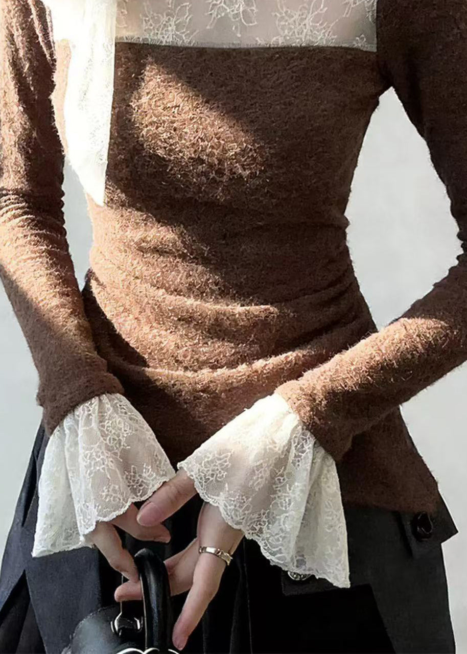 Brown Lace Up Lace Patchwork T Shirt Flare Sleeve