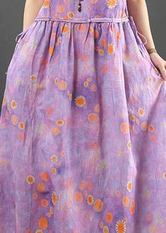 O Neck Drawstring Cotton Linen Summer Clothes Purple Print Dress