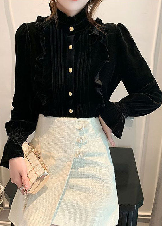 Black Stand Collar Ruffled Wrinkled Silk Velour Shirts Long Sleeve