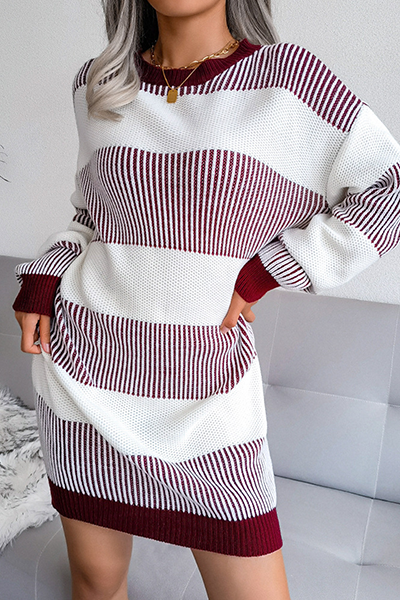 Striped Split Joint Contrast O Neck Dresses Sweater (without Belt)
