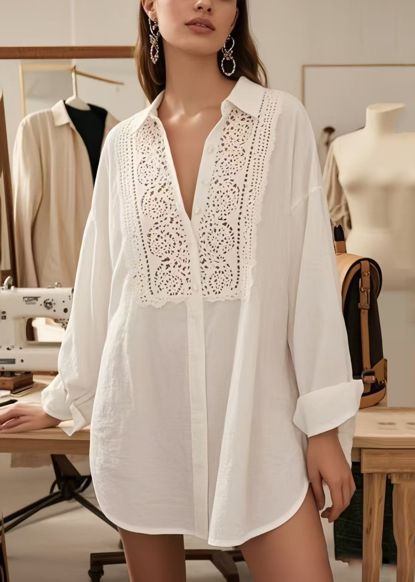 White V Neck Hollow Out Cotton Shirts Spring