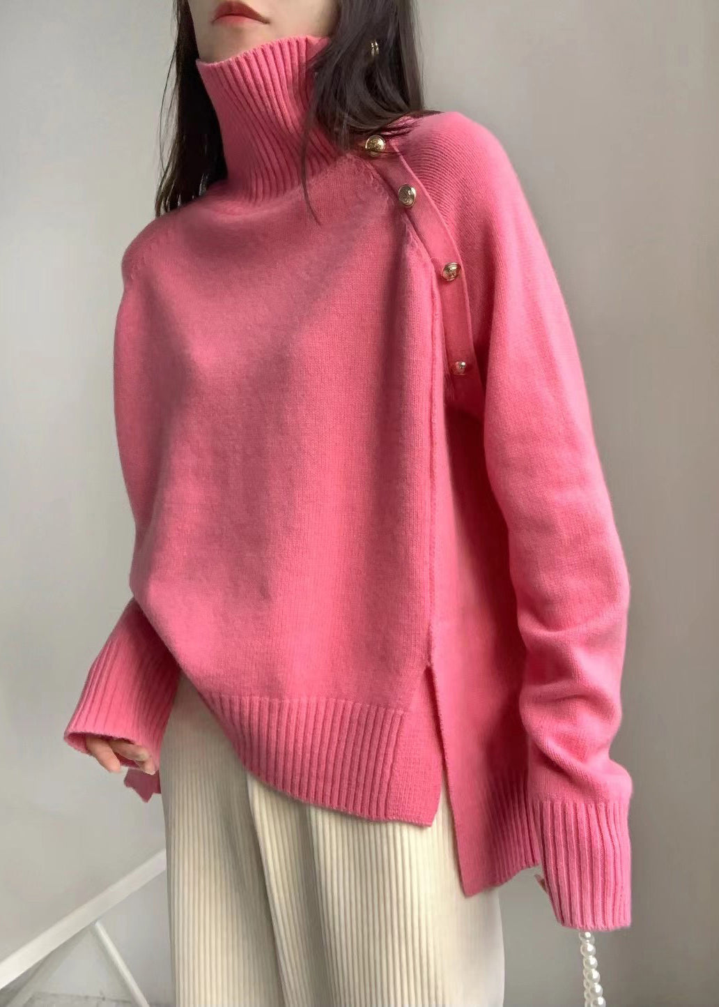 Grey Side Open Low High Design Knit Sweaters Turtleneck Winter