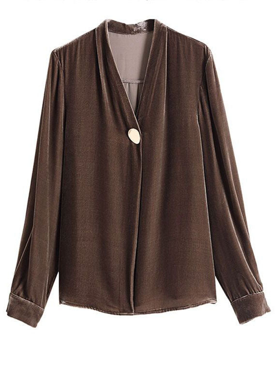 Coffee Patchwork Silk Velour Shirt Top V Neck Color Long Sleeve