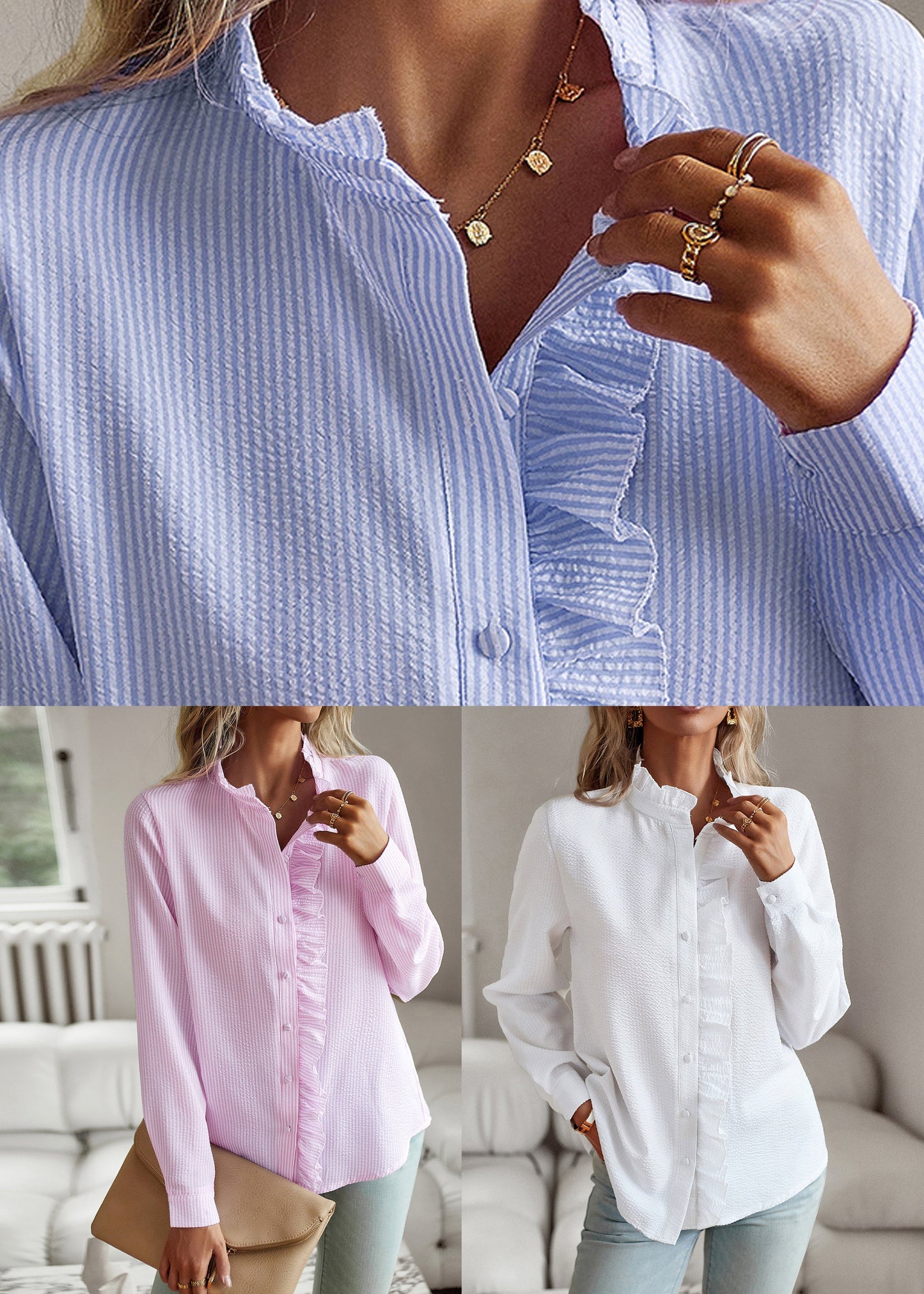 Blue Shirt Ruffled Patchwork Puff Sleeve