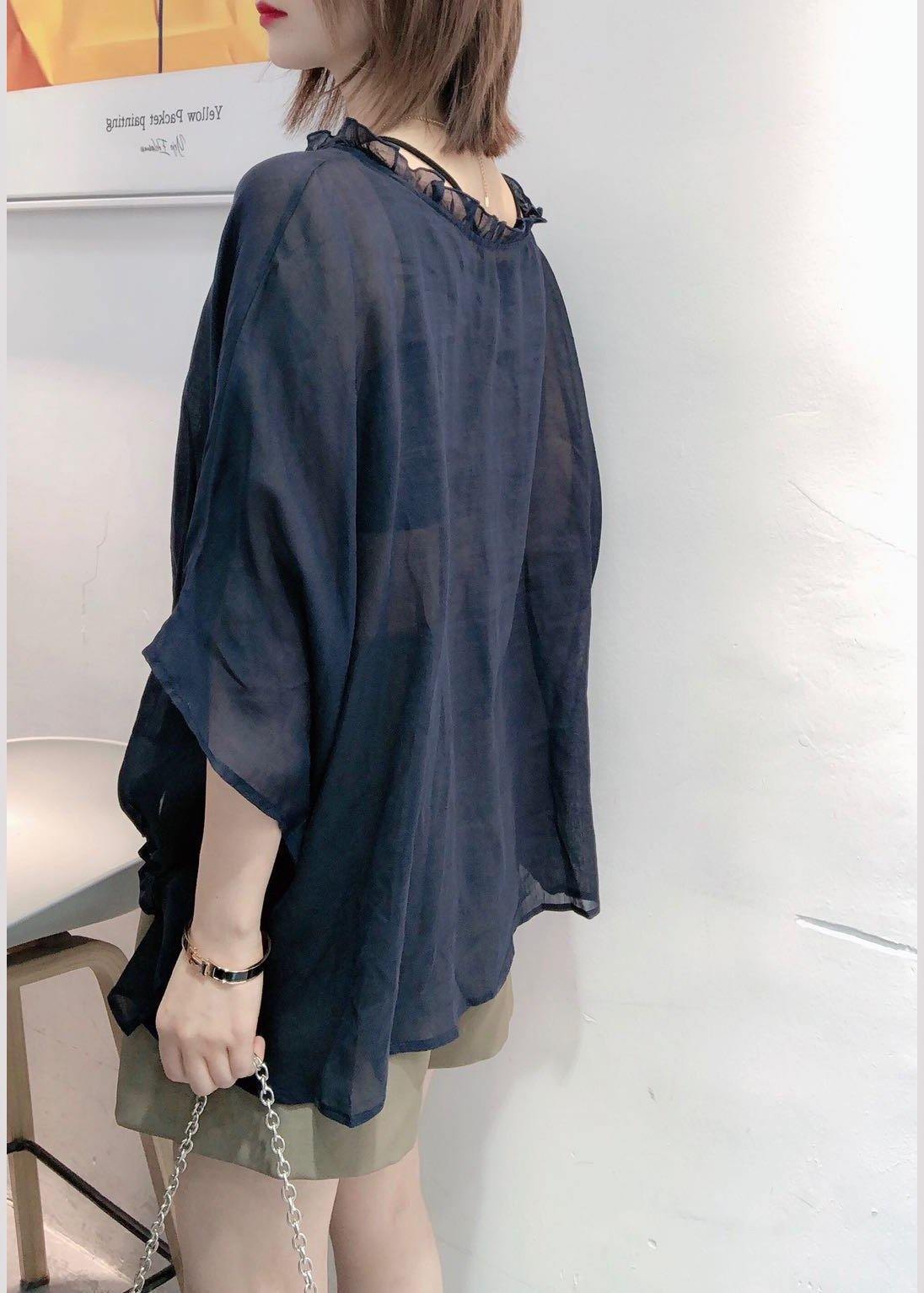 Purple Tops Ruffles Trim Half Sleeve Shirts Blouse