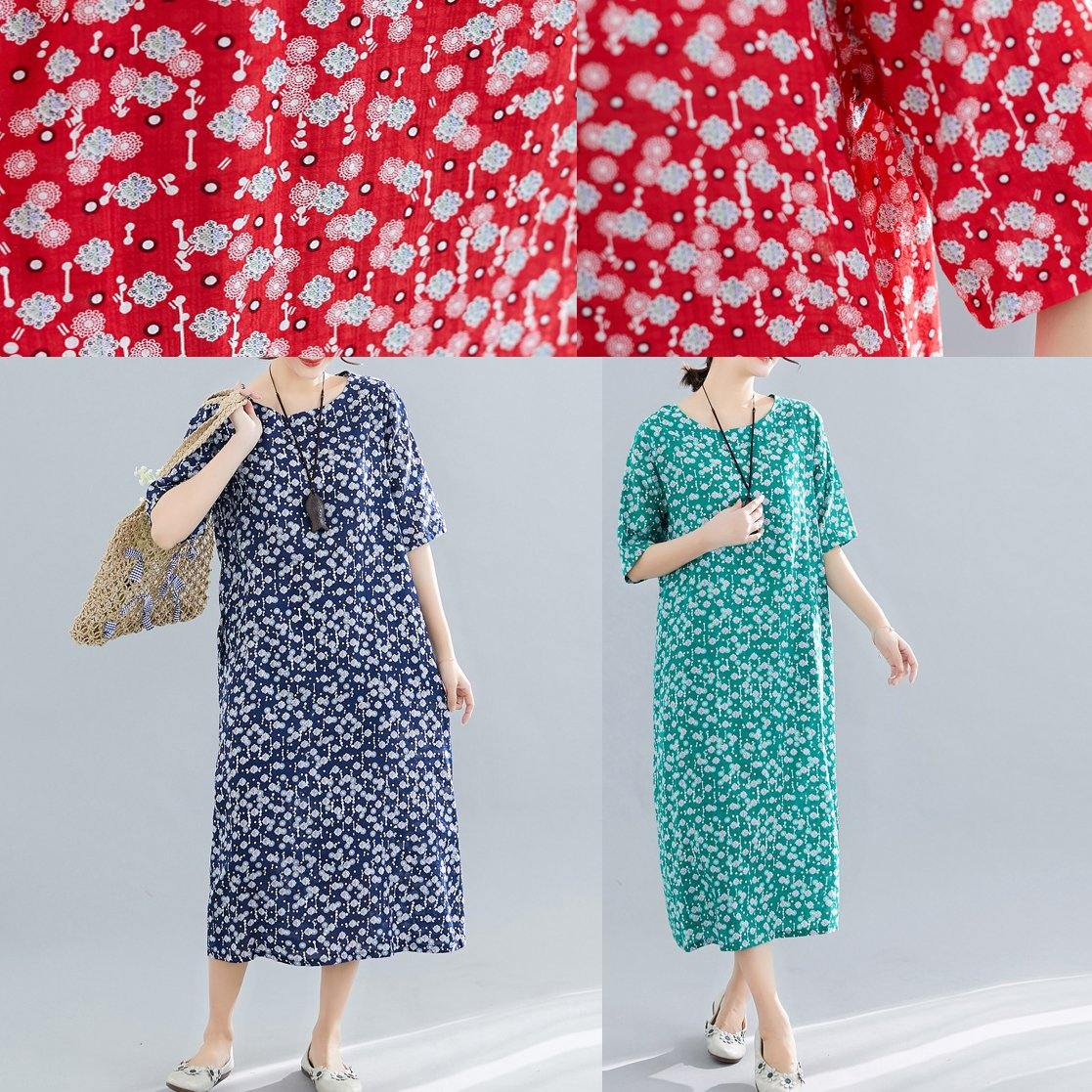 O Neck Pockets Linen Cotton Clothes Tutorials Red Print Dresses Summer