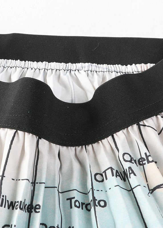 Blue Print Wrinkled Elastic Waist Chiffon Skirts Summer