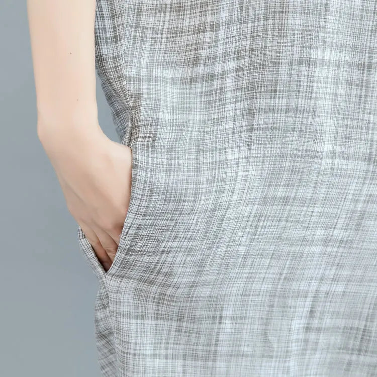 Stylish Black Plaid Natural Linen Dress Oversize Traveling Dress Batwing Sleeve O Neck Baggy Dresses