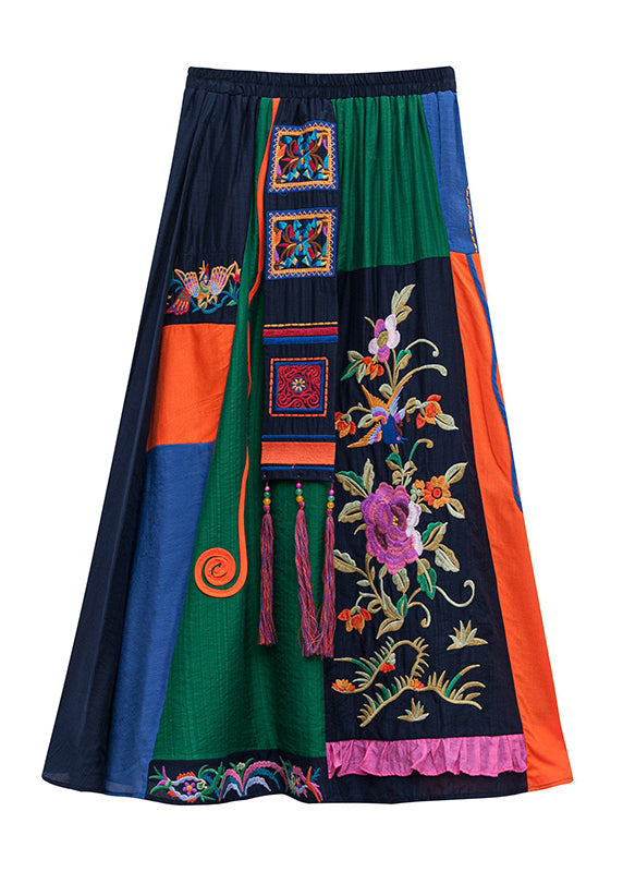 Stylish Blue Embroideried Tassel Elastic Waist Maxi Skirt Summer