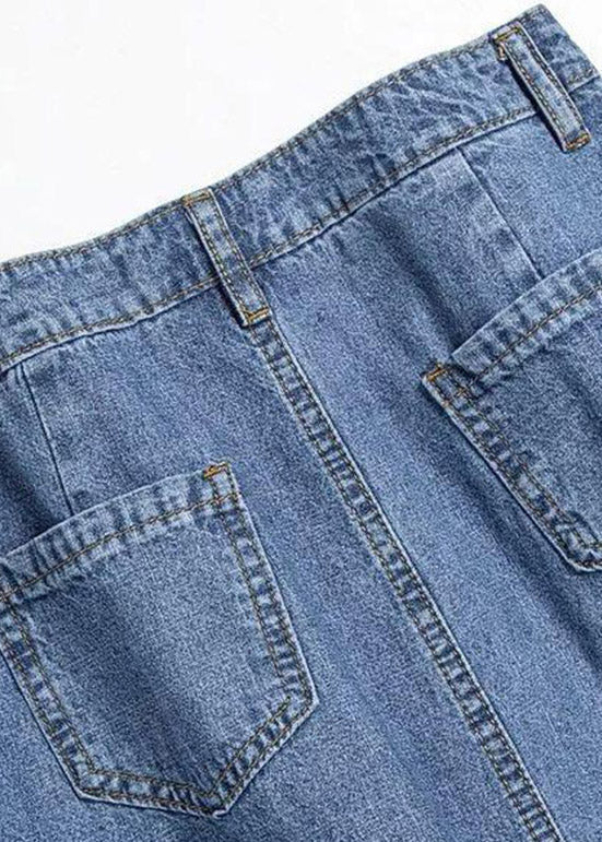 Stylish Denim Blue Asymmetrical Patchwork Print Button Pockets Maxi Skirt Cozy