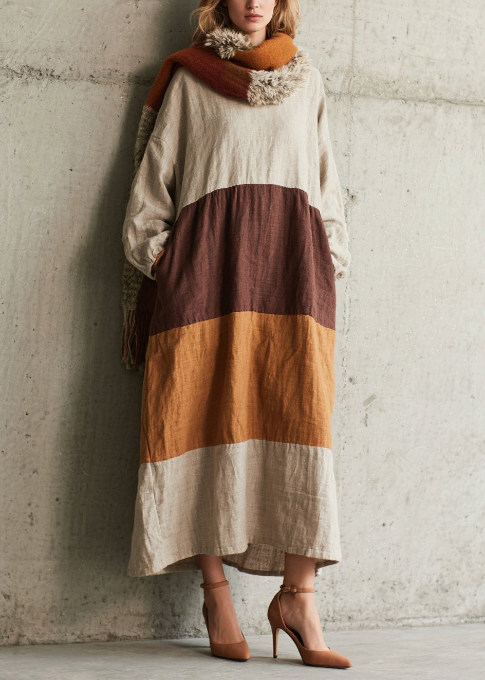 Colorblock Oversized Patchwork Cotton Dress Fall